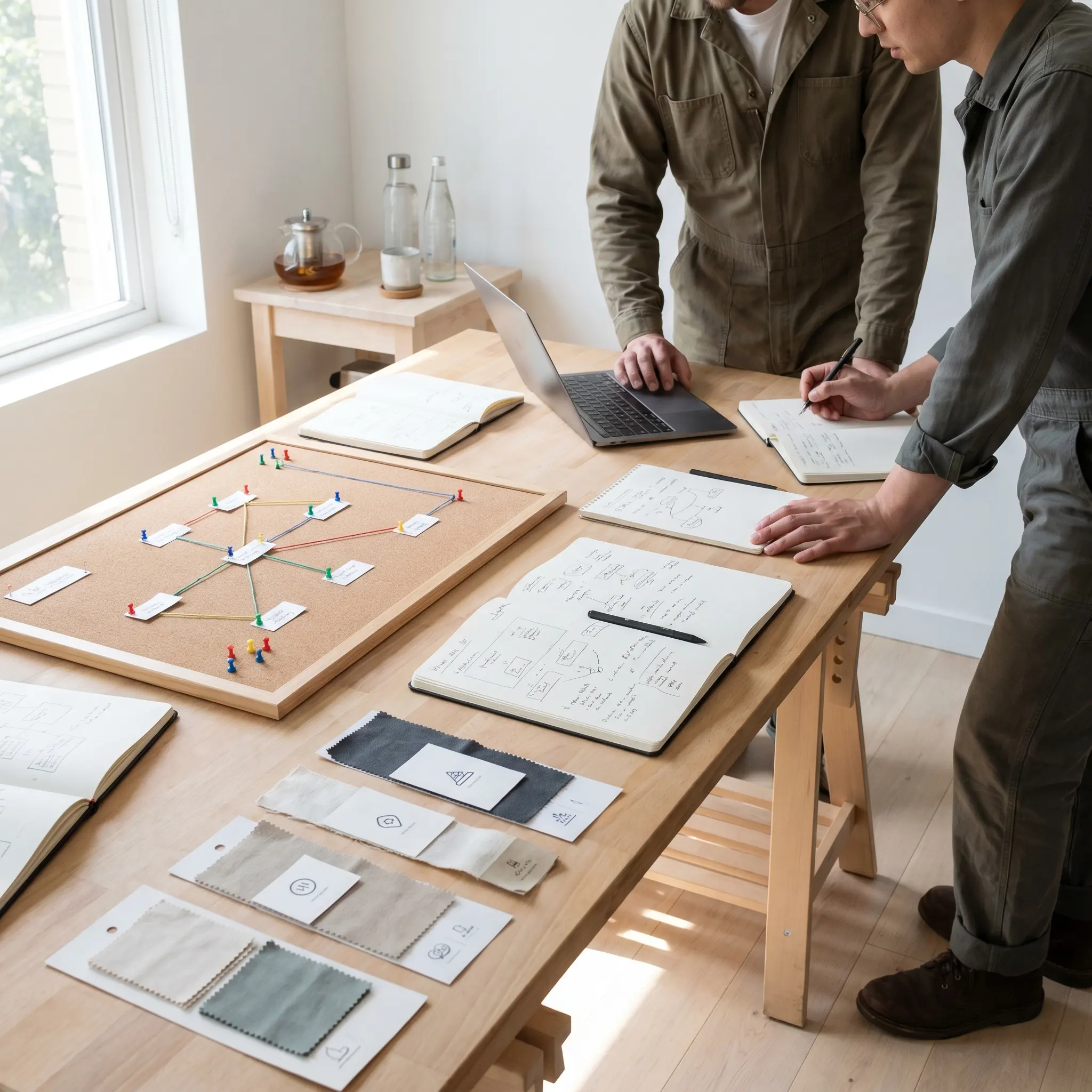 Workbench for LLM operations with notebooks, routing maps, evaluation swatches, and reference boards