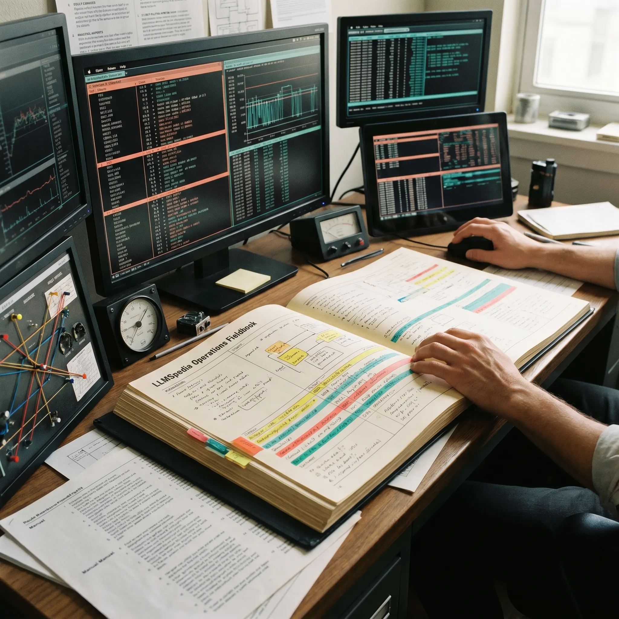 Operations desk with model routing boards, paper fieldbook pages, and colored signal strips