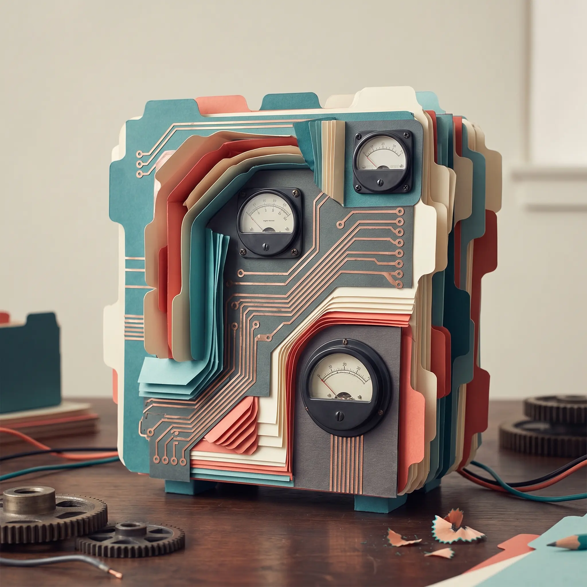 Abstract model routing console made of paper tabs, circuit traces, and calibration gauges