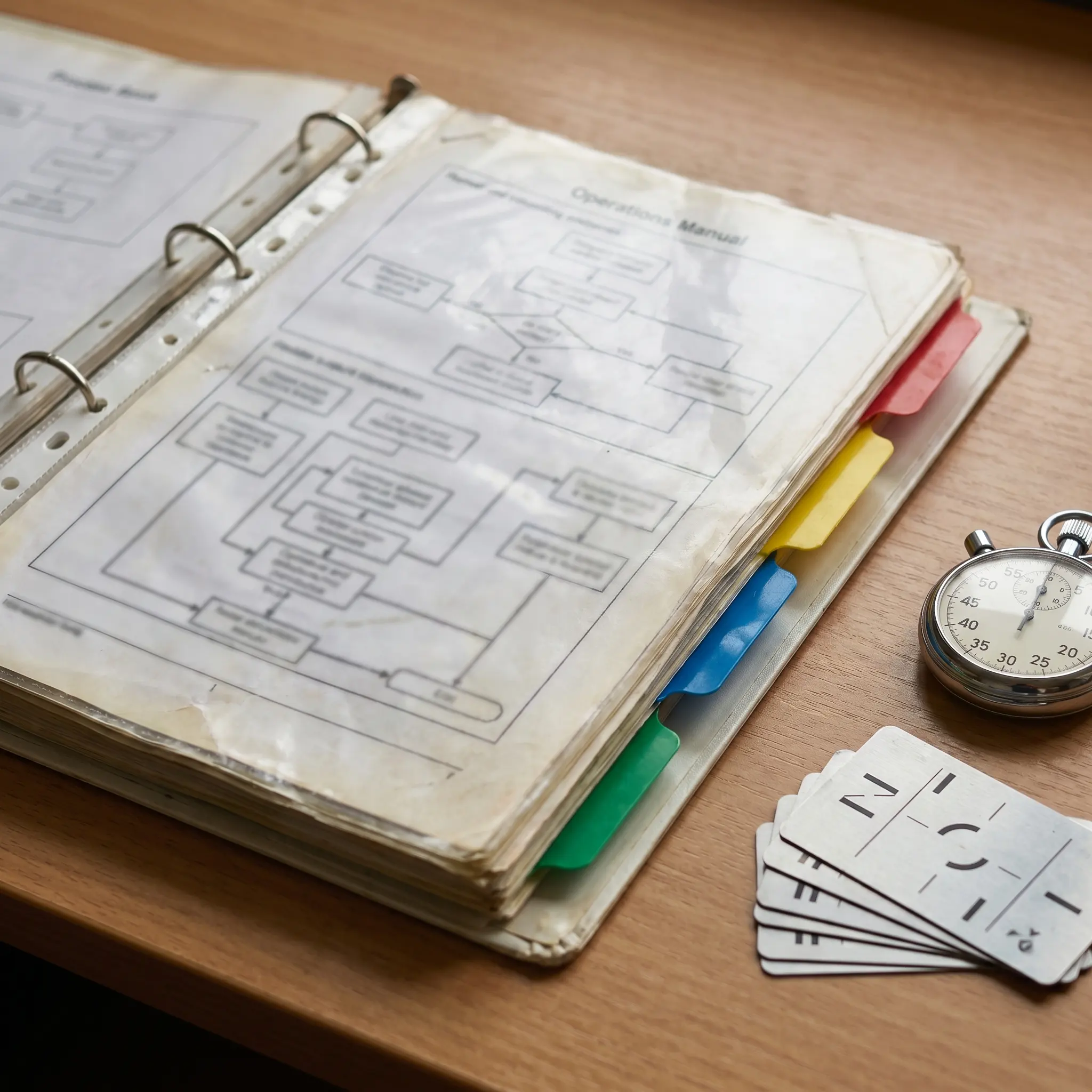 Laminated incident runbook pages with model escalation lanes and colored tabs