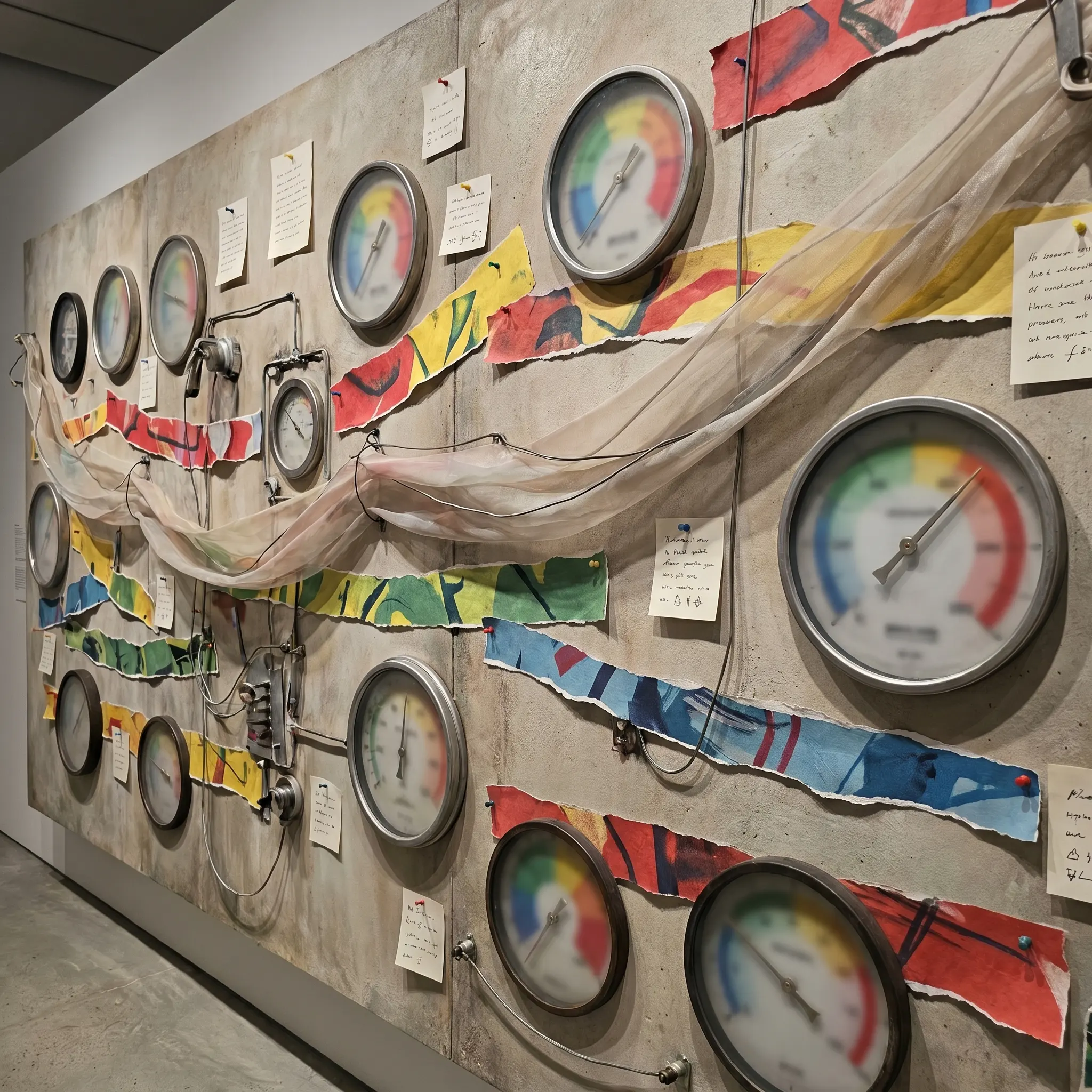 A tactile signal wall with gauges and colored confidence bands for LLM quality review